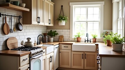 Cozy farmhouse one-wall kitchen with shiplap backsplash and rustic wood.