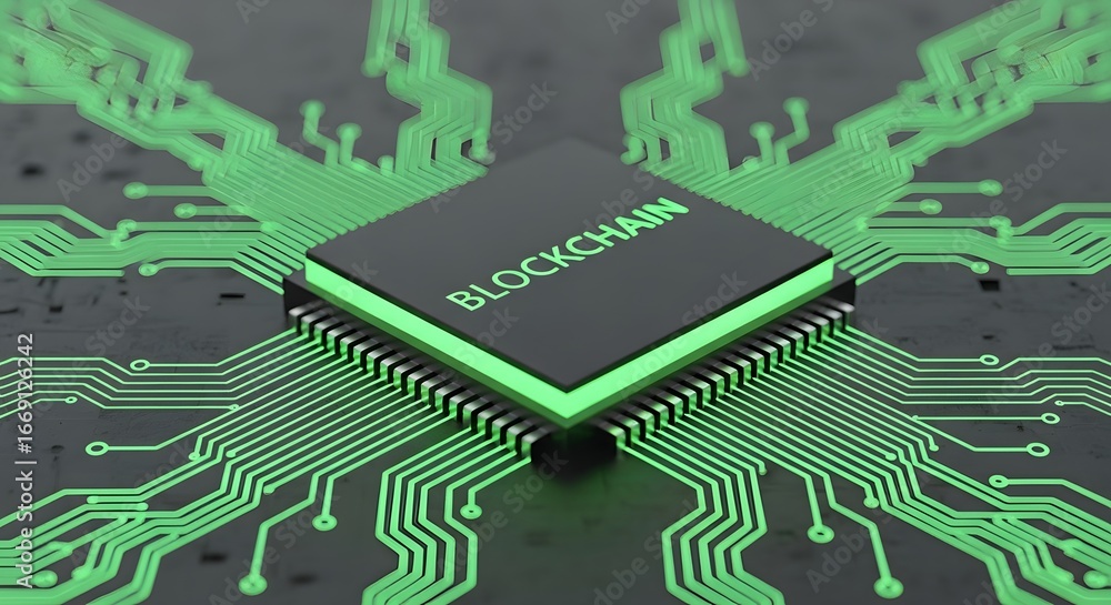 Poster intricate technological design featuring a central processor connected by luminous green pathways, s