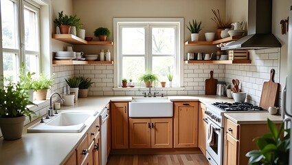 Cozy farmhouse one-wall kitchen with shiplap backsplash and rustic wood.