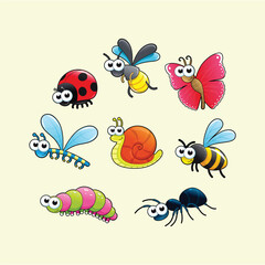 Cute Cartoon Bees Ladybugs and Spiders Vector Collection