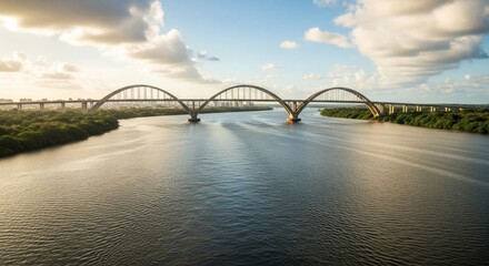 Naklejka premium Scenic view of a long bridge stretching over a wide river with lush greenery and cityscape under a partly cloudy sky at sunrise or sunset.