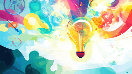 Colorful abstract illustration of idea generation featuring light bulb surrounded by vibrant swirls and shapes, symbolizing creativity and inspiration. dynamic colors evoke sense of innovation