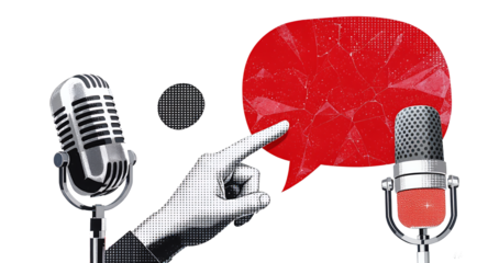 Vintage Microphones, Speech Bubble, and Pointing Finger Broadcast, Podcast, Communication Concept