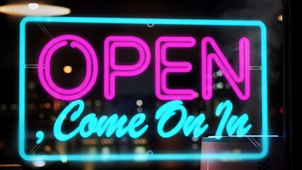 Dynamically Flickering Neon Sign Displaying Open Come On In Message Against a Blurred Cityscape Night Background Perfect for Commercial Promotion and Inviting Atmosphere with Vibrant Colors and