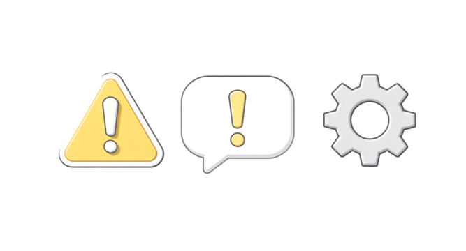 Warning, alert, and settings icons set on white background