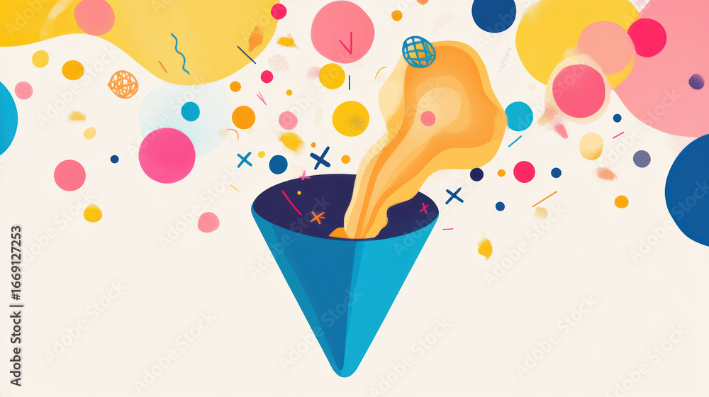 Poster colorful graphic design featuring vibrant cone shape with dynamic fluid elements and playful circles