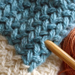 A blue and white knitted item with a crochet hook