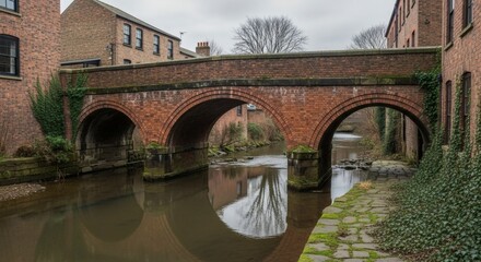 Fototapeta premium Scenic view of an old brick bridge spanning a calm river with greenery around, creating a peaceful, historic, and serene atmosphere.