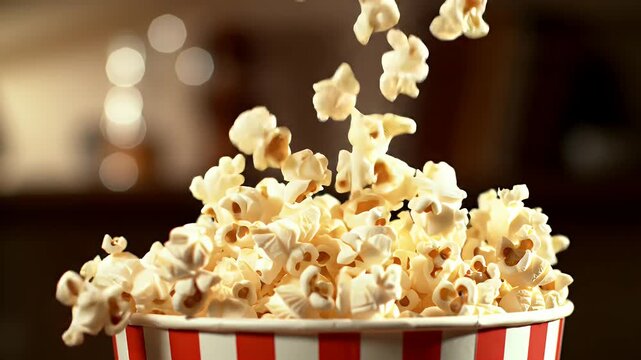 Eye Level Shot of Fresh Popcorn Cascading into a Red and White Striped Bucket with Blurred Background Perfect for Movie Promotions and National Popcorn Day Ads Celebrating Cinema Concessions