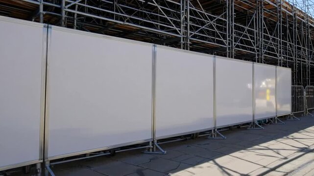 extended blank white advertising board with allocated space for placing informational mockups, positioned before construction area enclosed with scaffolding