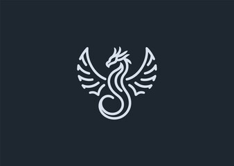 A simple minimalist wyvern dragon logo in line style, symbolizing fantasy, strength, and mythical protection