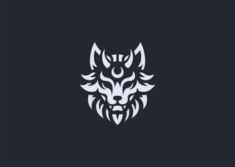 A simple minimalist wolf with Japanese Oni mask silhouette style, representing courage, fear, and mystical energy