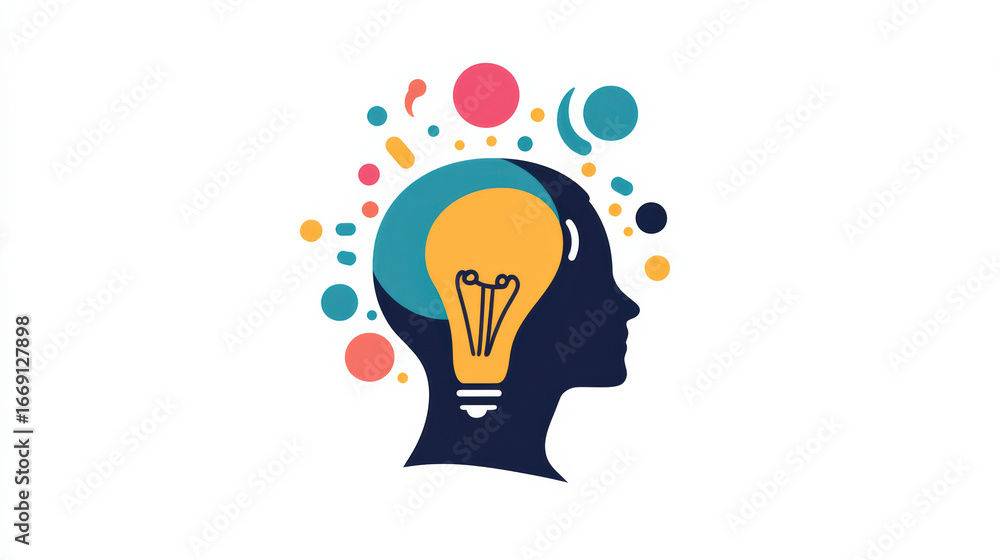Poster creative brainstorming icon featuring light bulb and colorful abstract shapes representing ideas and