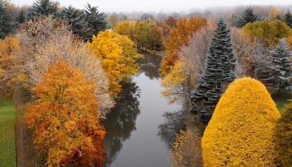 Fototapeta premium colorful display of autumn trees with varying shades of yellow and gray in a creative arrangement