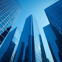 Low angle view of sleek modern skyscrapers with glass and steel design reflecting a clear bright blue sky