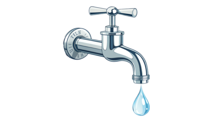 A shiny faucet with a water droplet falling, isolated on a white background