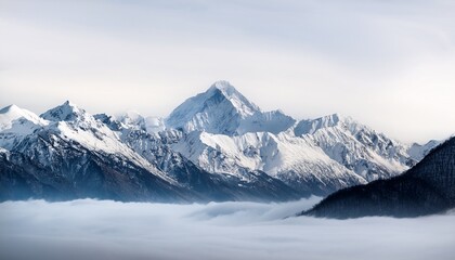 snow capped mountain range surrounded by fog creating a serene and mystical atmosphere against a clean white background ideal for nature and travel themes