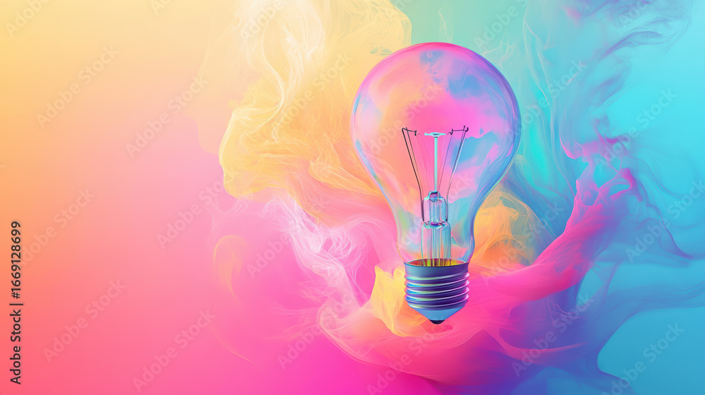 Poster light bulb symbolizes creativity and innovation, surrounded by vibrant colors and flowing patterns t