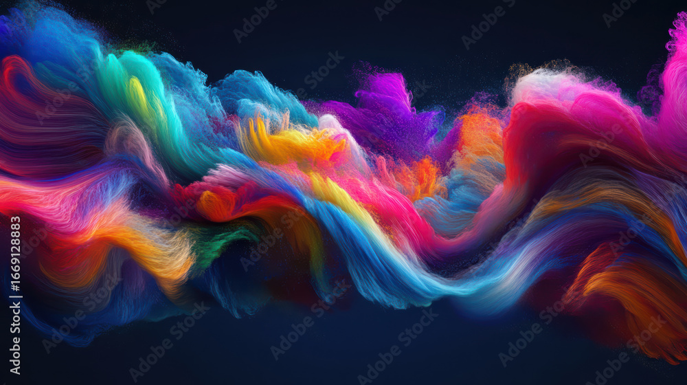 Poster vibrant colors blend seamlessly in flowing abstract design, showcasing dynamic wave of hues that evo