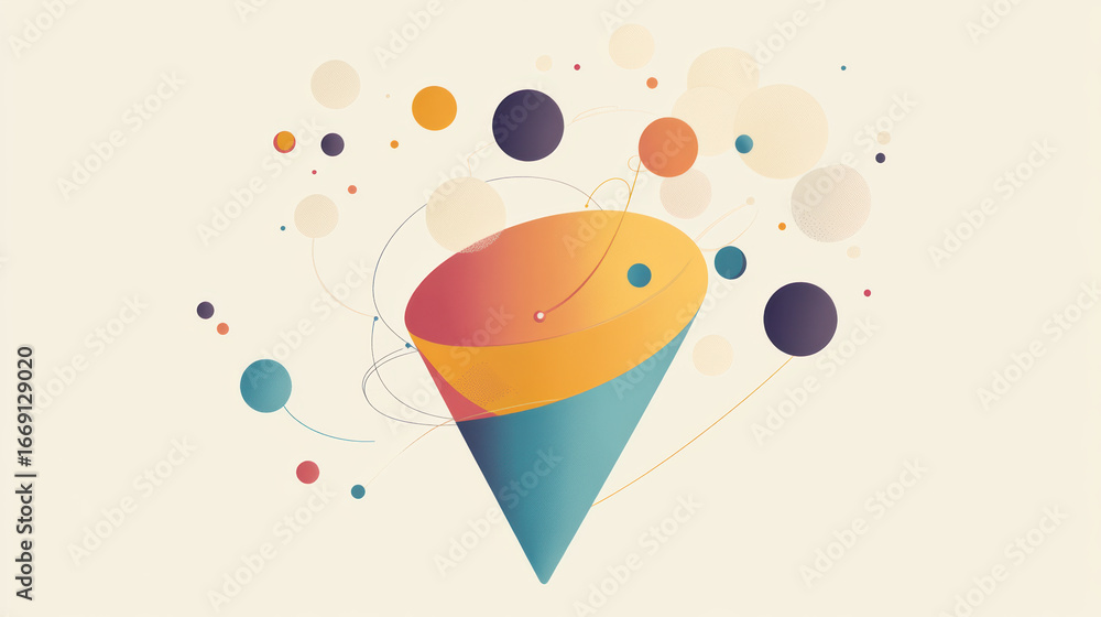 Poster abstract illustration of innovation funnel featuring conical shape with vibrant colors and surroundi