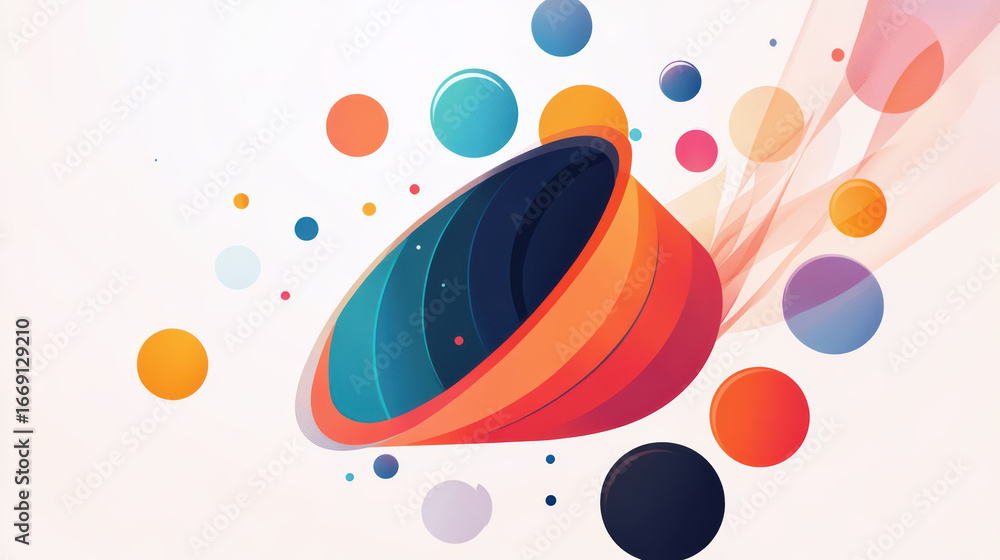 Poster abstract round shapes create vibrant innovation funnel, showcasing blend of colors and dynamic movem