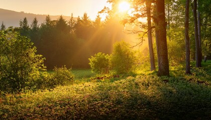 Naklejka premium golden sunlight bathes treetops insects hum in the underbrush a gentle breeze carries the aroma of sun warmed earth