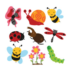 Cute Cartoon Insects and Garden Animals Vector Set