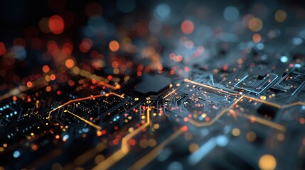 A macro shot of a circuit board reflecting a dynamic visualization of carbon offsets and blockchain technology merging industrial innovation and ecological responsibility within MES