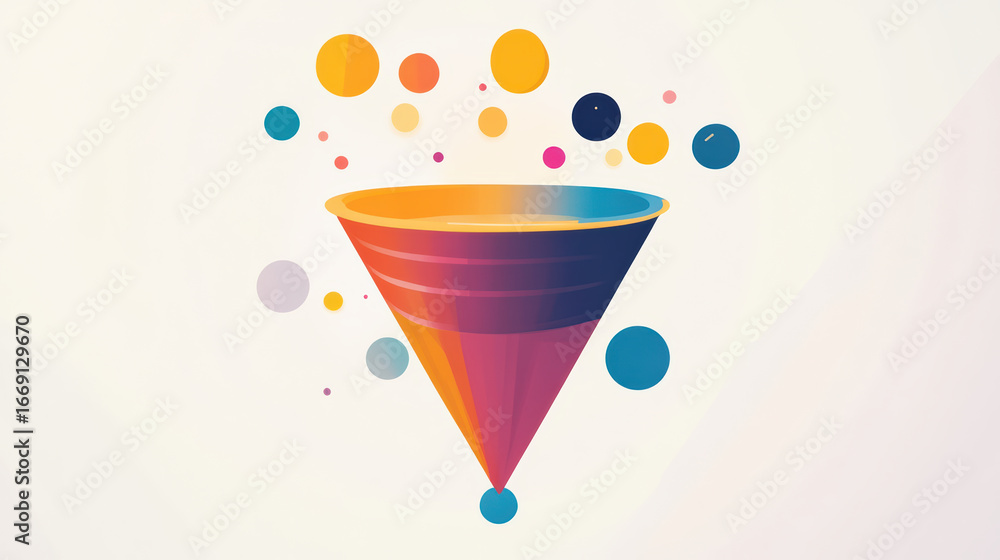 Poster colorful funnel graphic representing innovation process with vibrant circles and shapes. this design