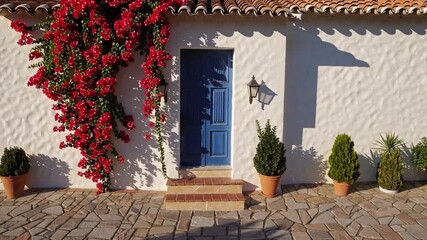 dwelling with Hellenic architectural influences featuring azure entrance and flowering vines