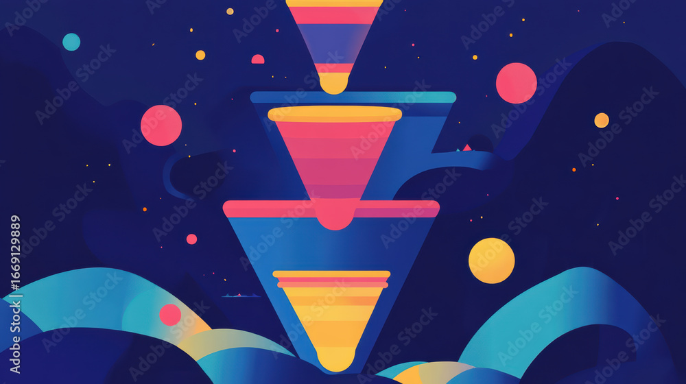 Poster colorful innovation funnel visualized with vibrant gradients and abstract shapes, creating dynamic a