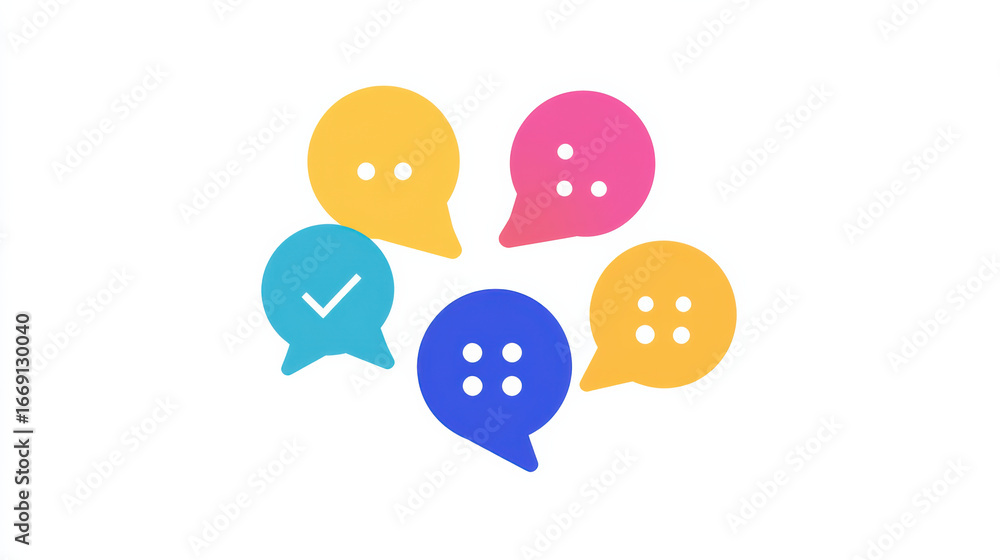 Poster colorful speech bubbles representing communication and feedback, featuring various colors and checkm