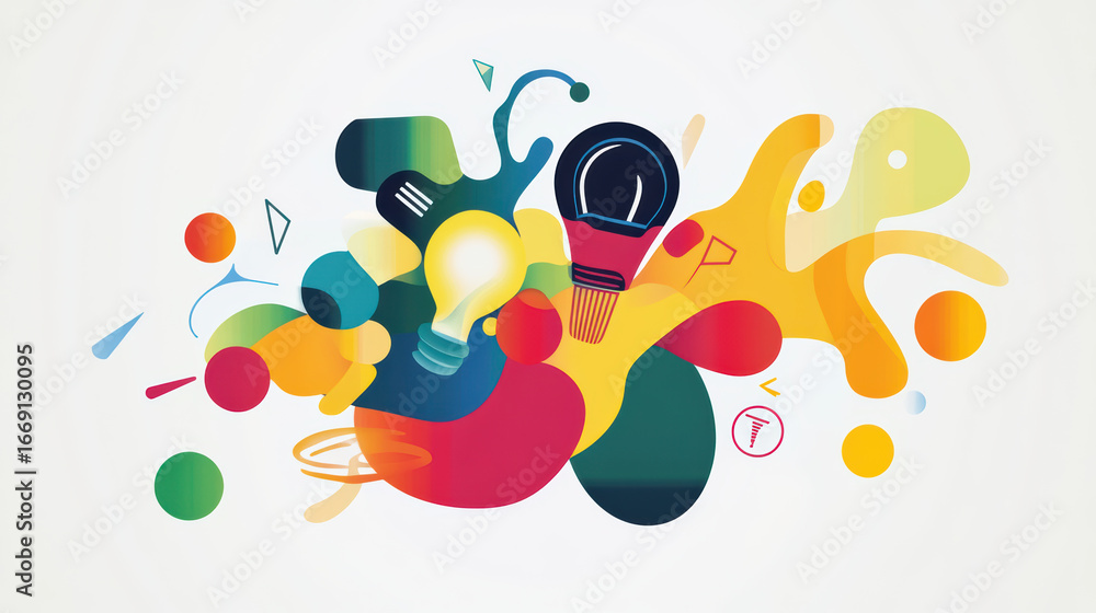 Poster bright and vibrant multi color concept icon representing idea generation with abstract shapes and li