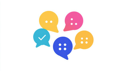 Colorful speech bubbles representing communication and feedback, featuring various colors and checkmark symbolizing approval. This design conveys sense of interaction and engagement
