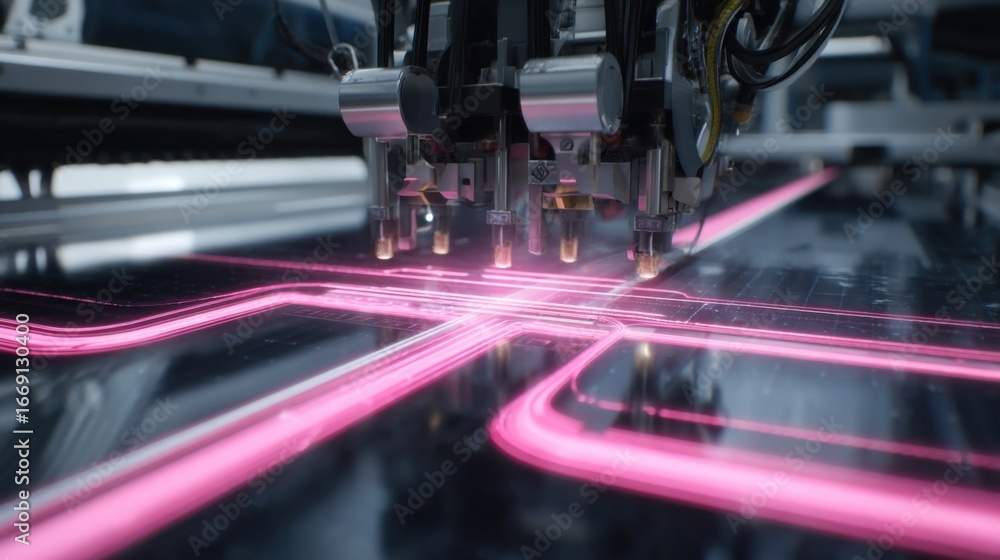 Poster a detailed view of flexible perovskite solar shingles being cut into precise dimensions with sharp b