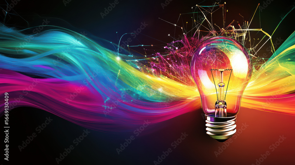 Poster vibrant multi color graphic design showcases light bulb surrounded by flowing waves of color, symbol