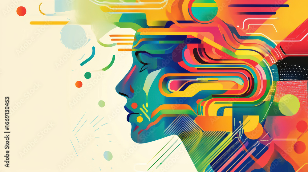 Poster colorful graphic design featuring abstract shapes and lines representing human profile. vibrant colo