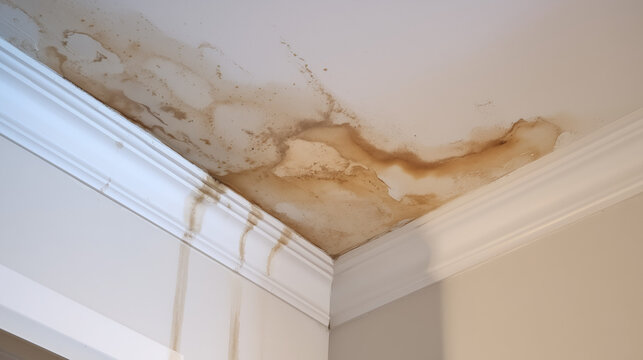 Water stains have formed on the ceiling with moisture dripping down in a home setting. The condition highlights potential plumbing or roof issues needing urgent attention