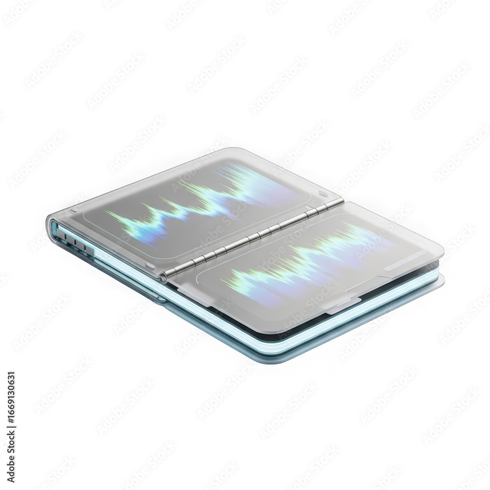 Poster modern foldable device with colorful digital graph on screen, isolated on transparent background