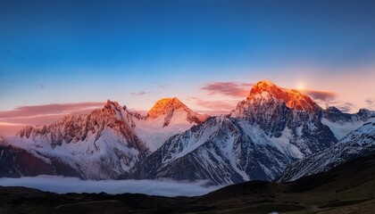 sunset glow over snow capped mountain range