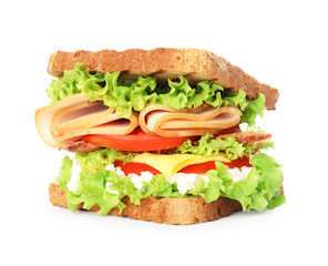 Tasty sandwich with ham, bacon, cheese and vegetables isolated on white
