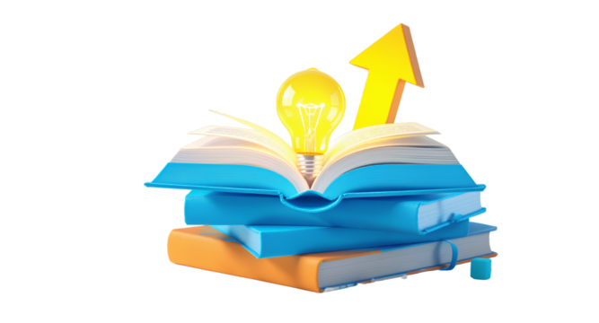 Creative Idea Concept Stacked Books with Illuminated Lightbulb and Rising Arrow