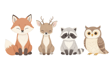Cute woodland animals illustration, adorable fox, deer, raccoon, owl characters, cartoon animals, baby animals, kids illustration, nursery art,  