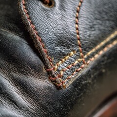 A close up of a black shoe with a red and gold thread