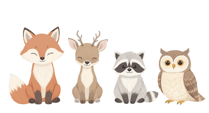 Cute woodland animals illustration, adorable fox, deer, raccoon, owl characters, cartoon animals, baby animals, kids illustration, nursery art,  