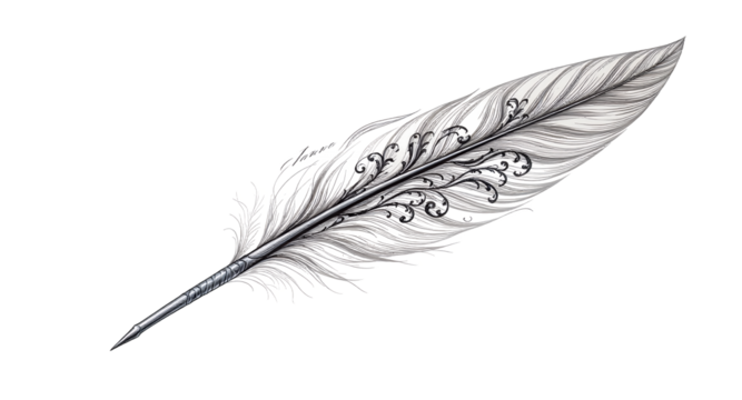 Detailed artistic rendering of a feather with decorative elements