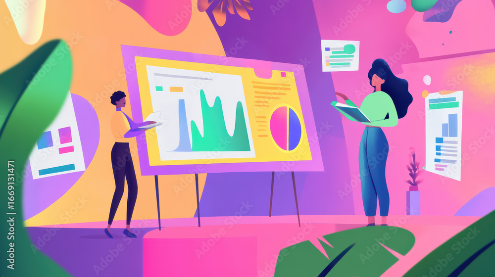 Poster digital illustration depicting vibrant workspace with two characters analyzing data large presentati