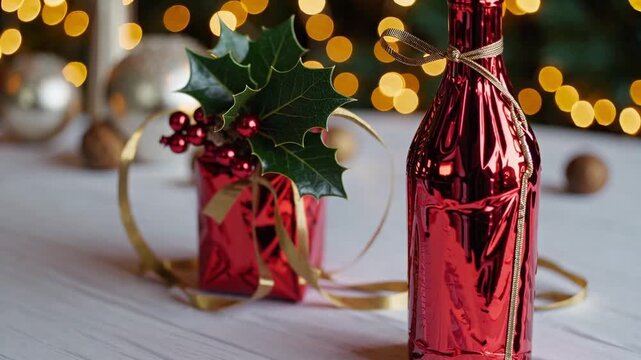 Festively wrapped Christmas present in the form of bottled beverage gift