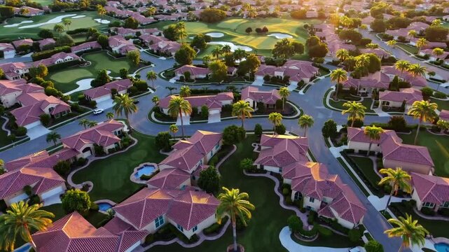 Aerial circular flight path above residential properties and palm trees within planned recreational community in arid region