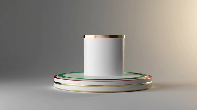 Cylindrical display stand and simplistic non-representational backdrop intended for Christmas festivities, three-dimensional computer graphic geometric form